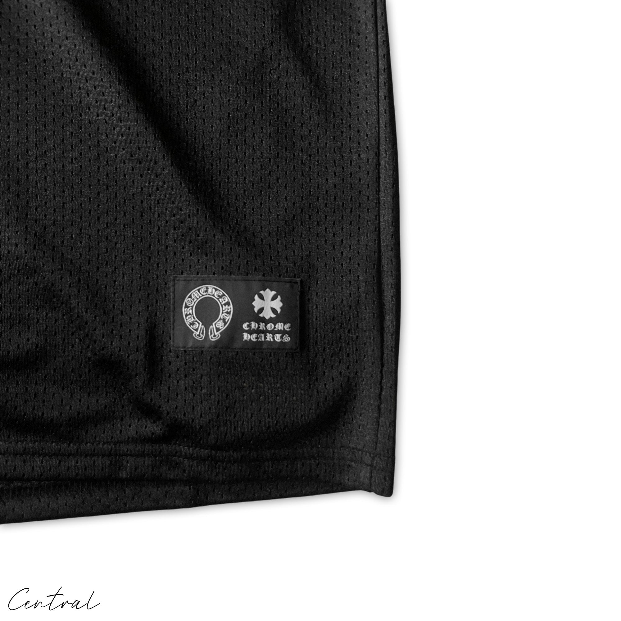 Central ae Chrome Hearts mesh stadium jersey set featuring a t-shirt and shorts in a stylish athletic design.