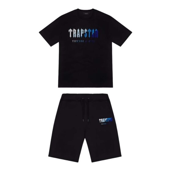 TRAPSTAR black ice flavours short set featuring a stylish t-shirt and shorts made of soft chenille fabric.