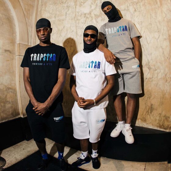 Black Ice Flavours short set featuring a chenille t-shirt and shorts by TRAPSTAR, displayed on a neutral background.