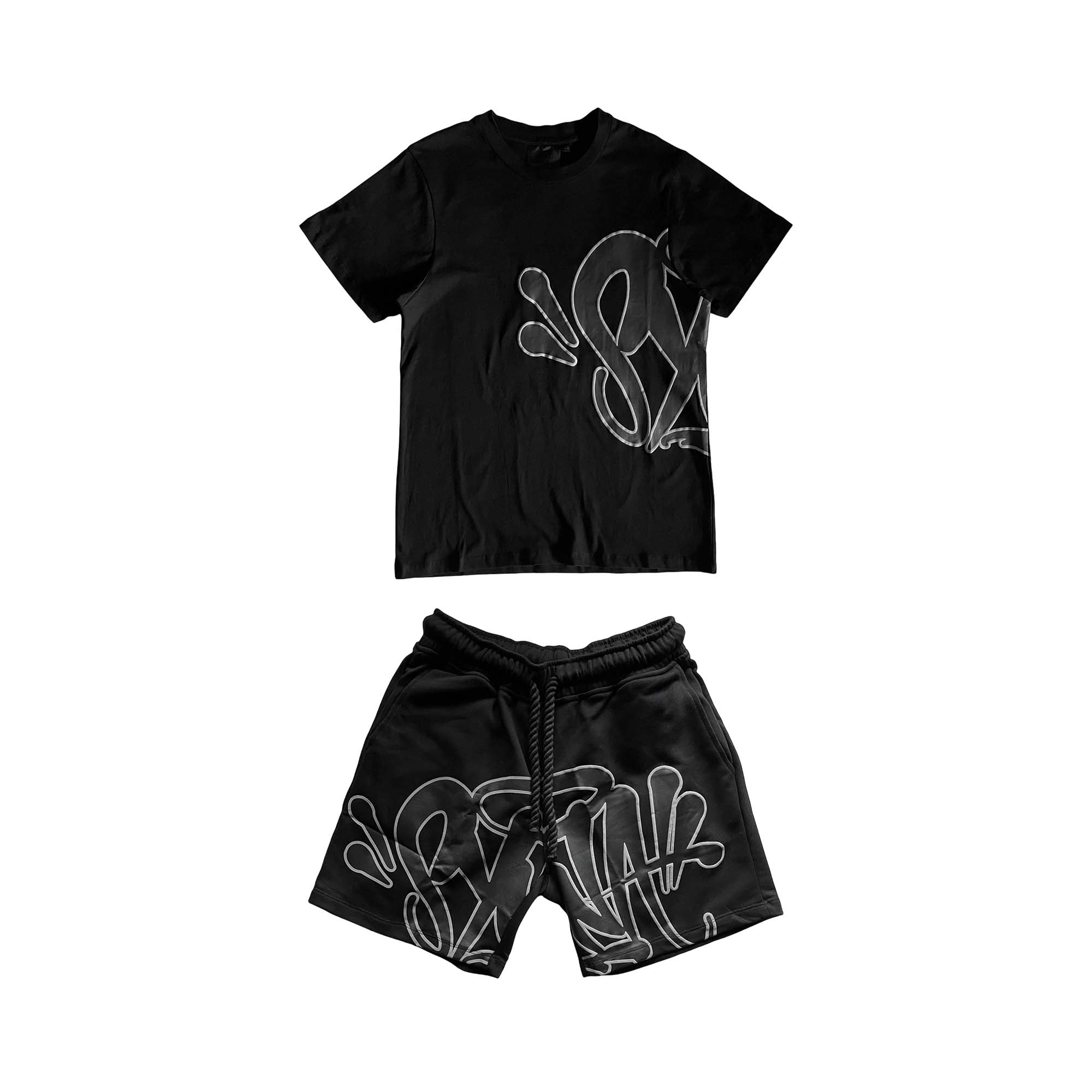 Black Syna World short set featuring a comfortable t-shirt and shorts by Central ae, displayed on a neutral background.