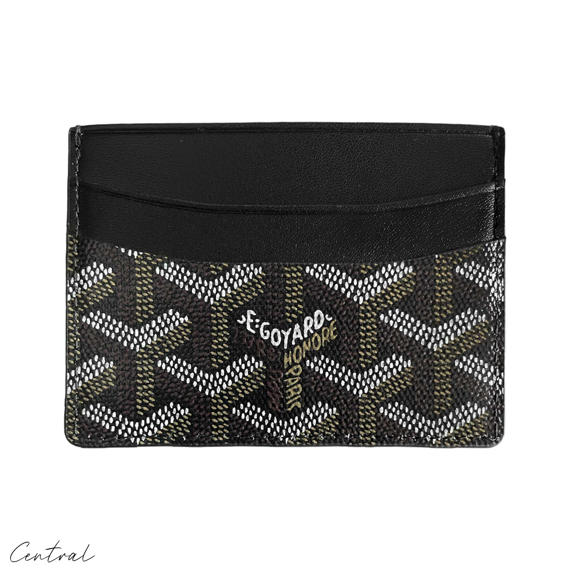 Black Goyard card holder wallet featuring a sleek design and signature pattern by Central ae.
