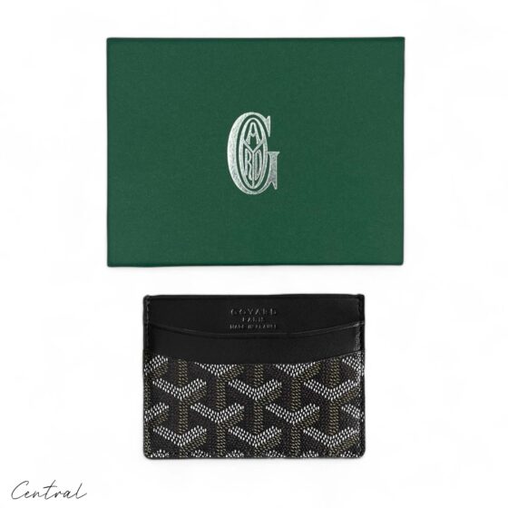 Black Goyard card holder wallet featuring a sleek design and signature pattern by Central ae.
