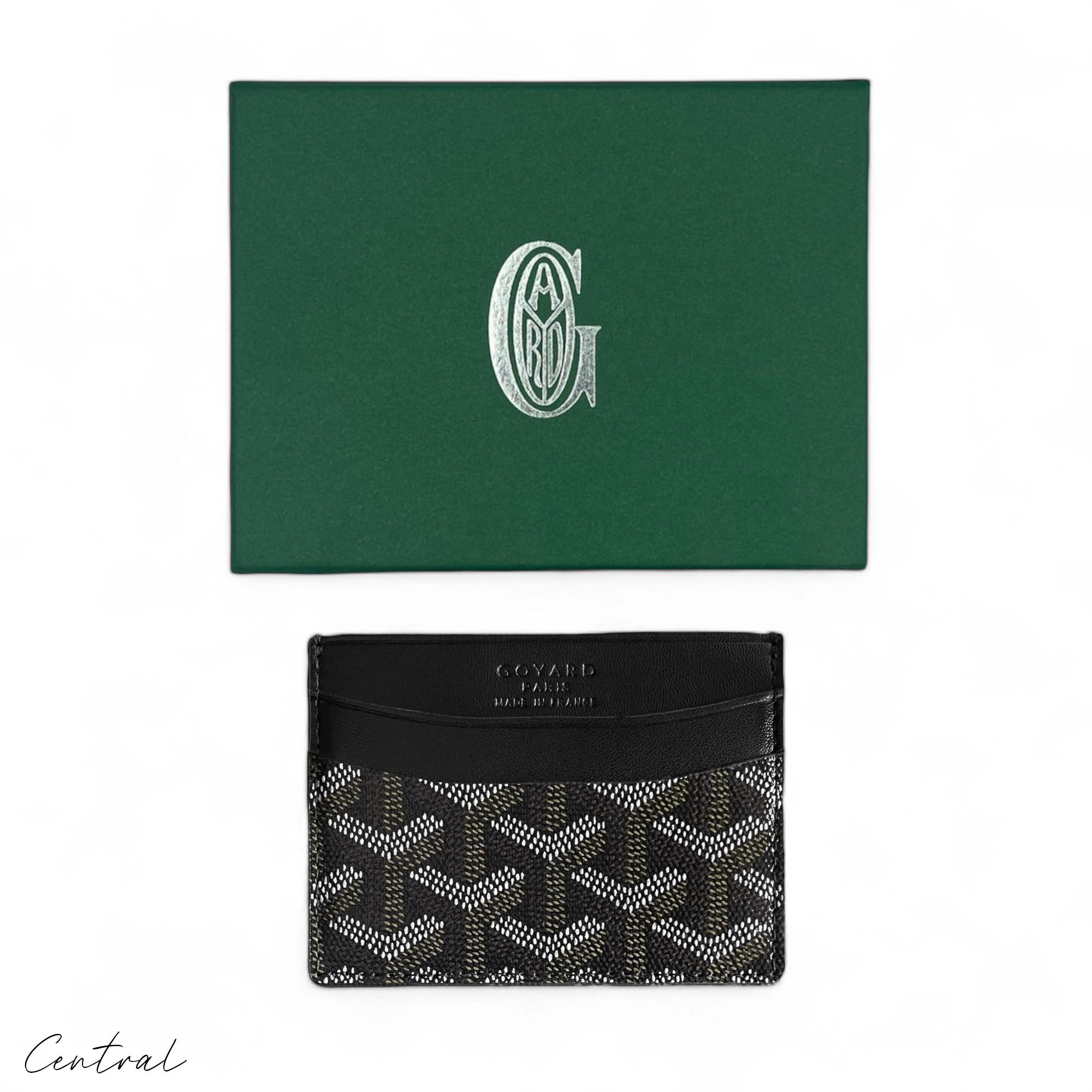 Black Goyard card holder wallet featuring a sleek design and signature pattern by Central ae.