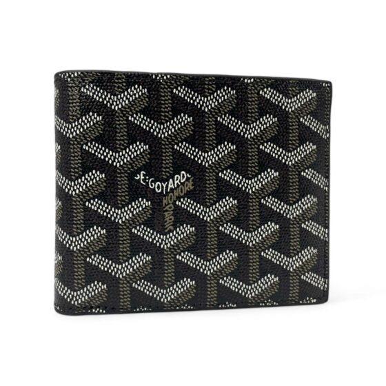 Black Goyard wallet by Central ae featuring a sleek design and signature logo pattern.