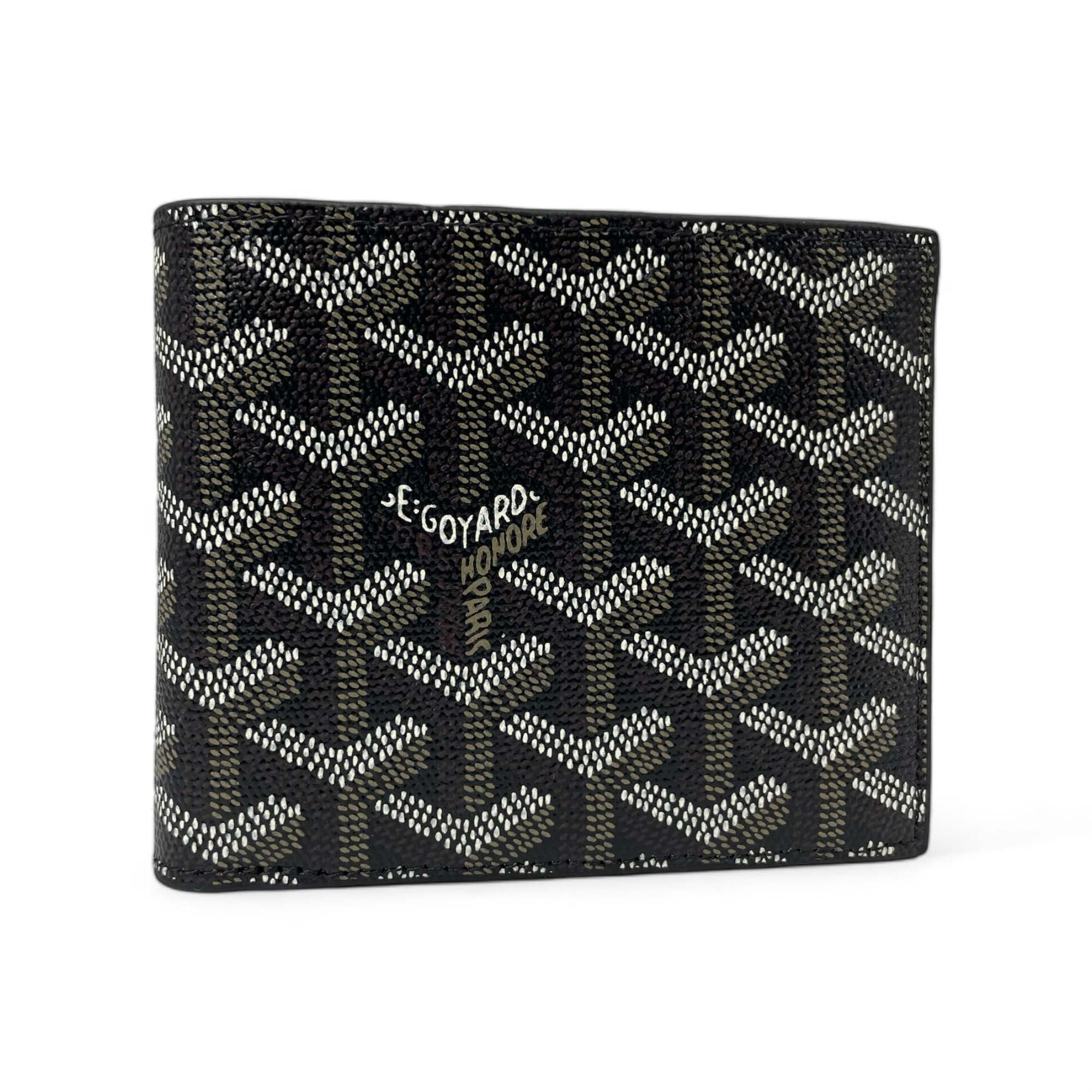 Black Goyard wallet by Central ae featuring a sleek design and signature logo pattern.