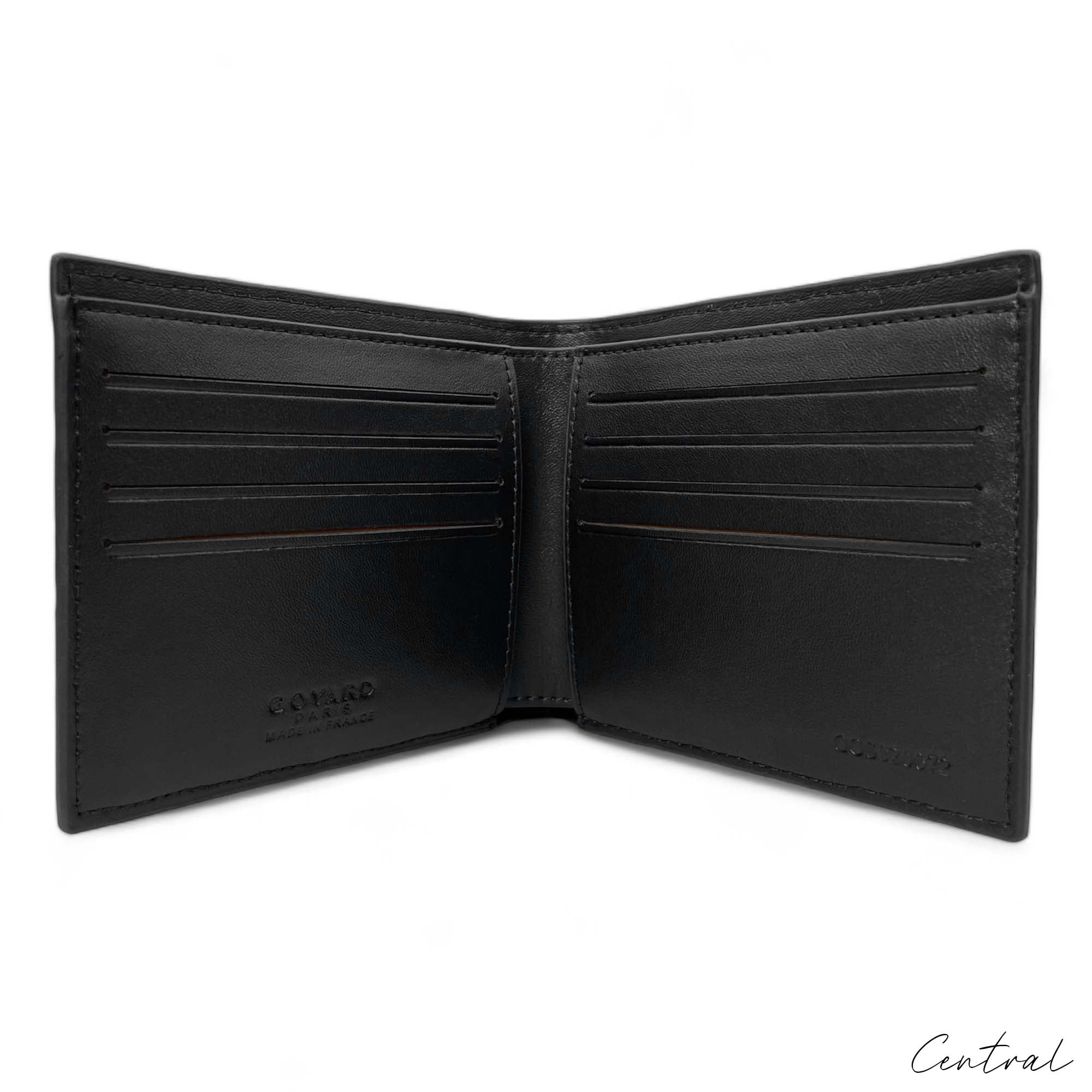 Black Goyard wallet by Central ae featuring a sleek design and signature pattern, displayed on a neutral background.