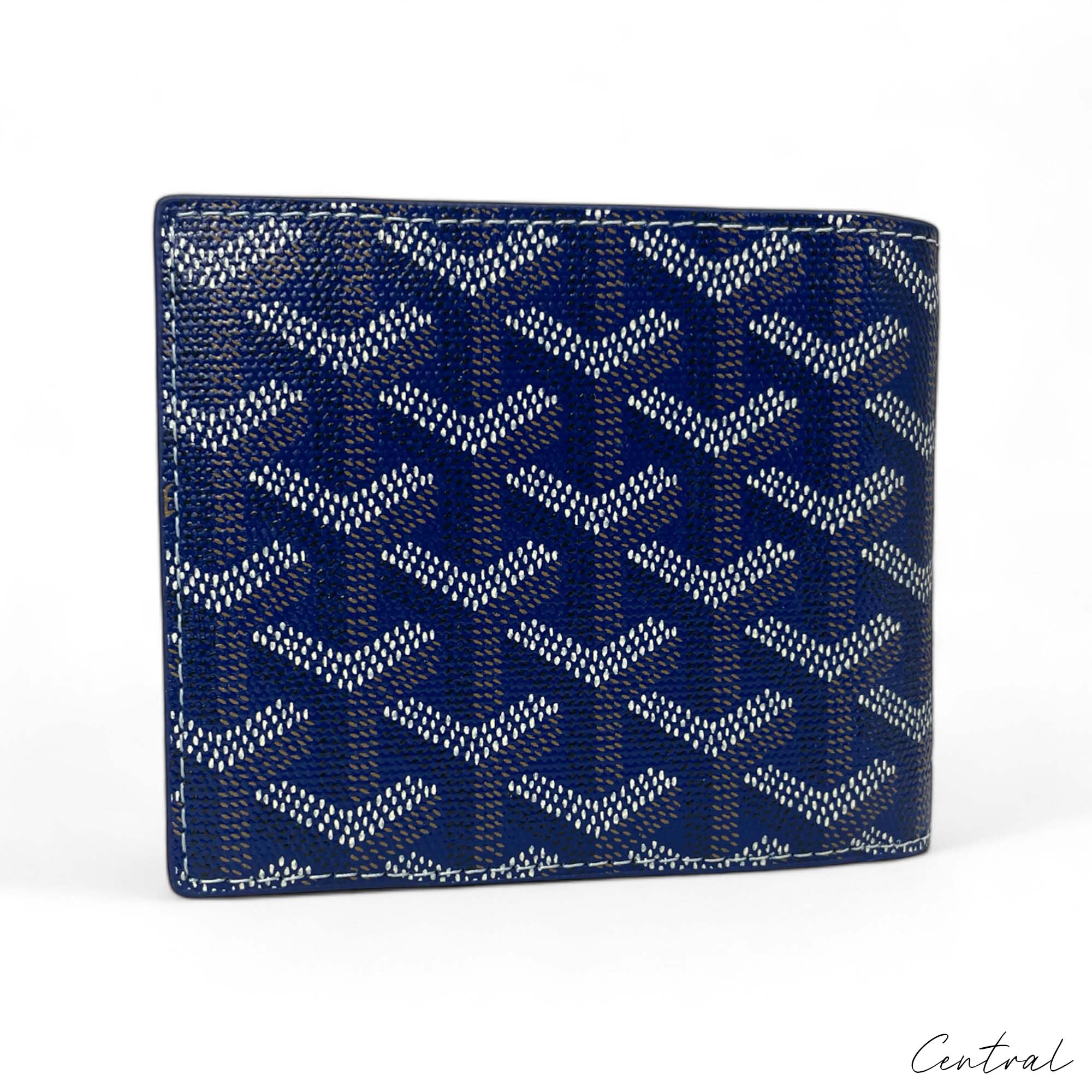 Blue Goyard wallet by Central ae, featuring a sleek design and signature pattern, displayed against a neutral background.