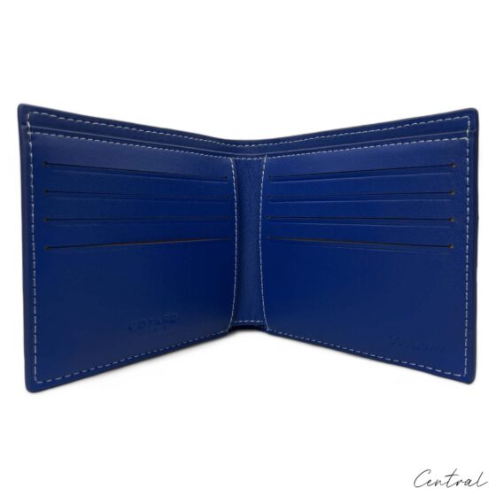 Blue Goyard wallet by Central ae displayed with signature canvas pattern and sleek design.
