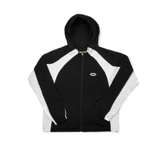 Corteiz black spring hoodie featuring a zip-up front and adjustable hood, designed for comfort and style.
