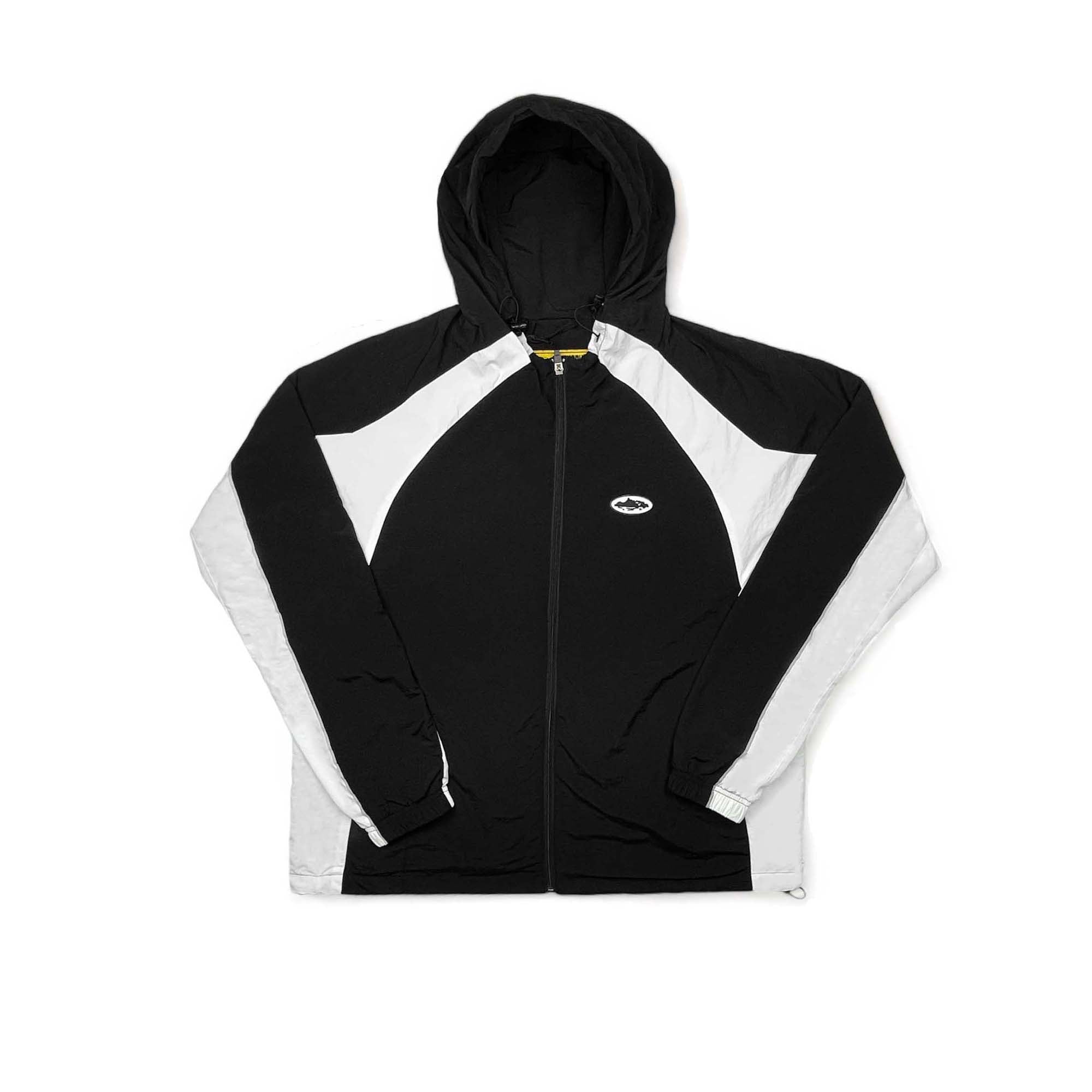 Corteiz black spring hoodie featuring a zip-up front and adjustable hood, designed for comfort and style.