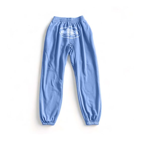 Corteiz Alcatraz sweatpants in baby blue featuring a relaxed fit and soft fabric, ideal for casual wear.