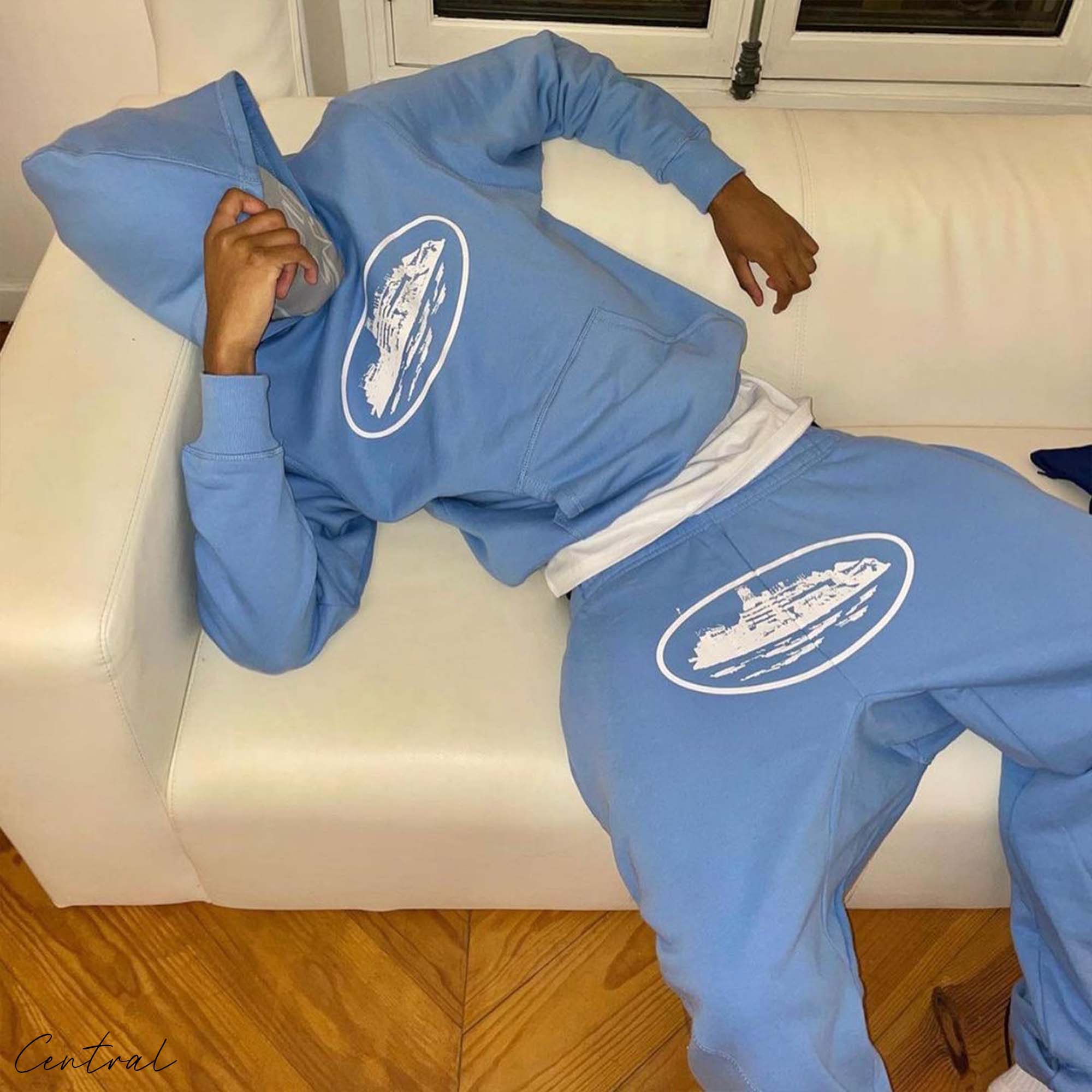 Corteiz baby blue Alcatraz sweatpants featuring a relaxed fit and elastic waistband, ideal for casual wear.