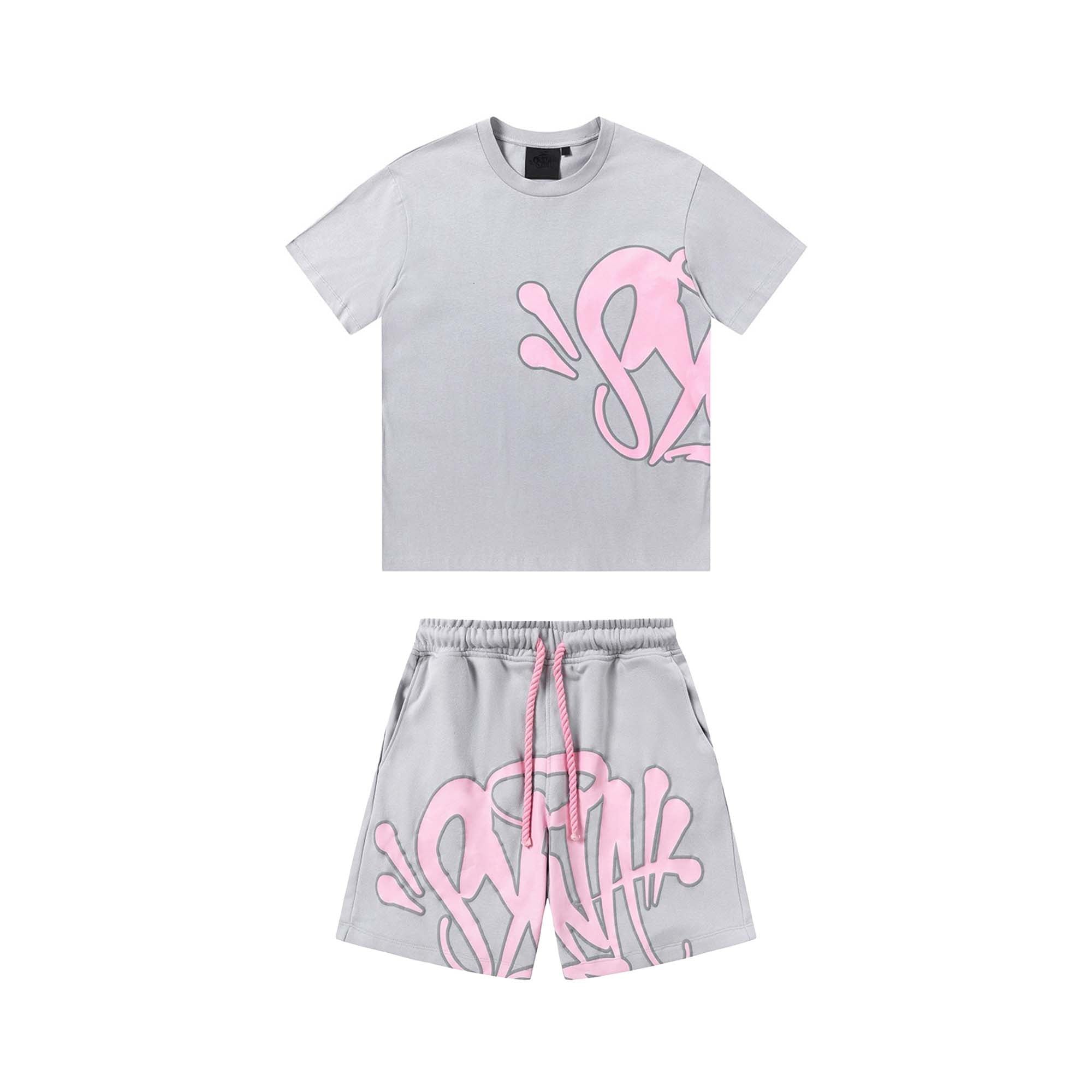 Gray and pink Syna World short set featuring a stylish t-shirt and comfortable shorts for casual wear.