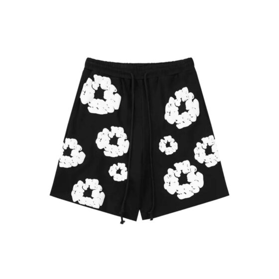 Black Denim Tears Cotton Wreath Shorts with unique floral design and relaxed fit, styled on a neutral background.