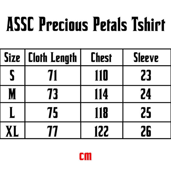 ASSC Precious Petals T-shirt featuring floral design and casual fit, displayed on a size chart for accurate sizing.