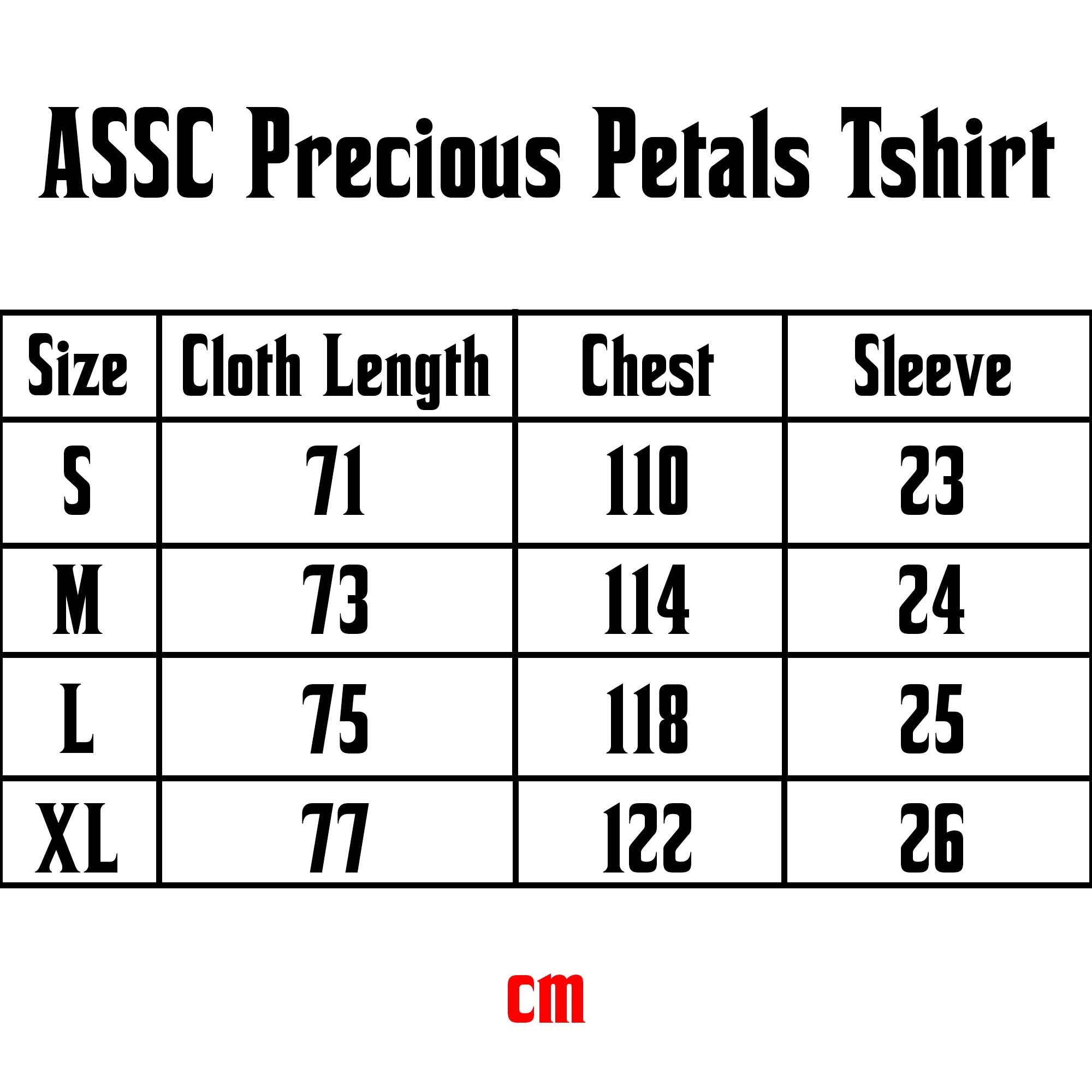 ASSC Precious Petals T-shirt featuring floral design and casual fit, displayed on a size chart for accurate sizing.