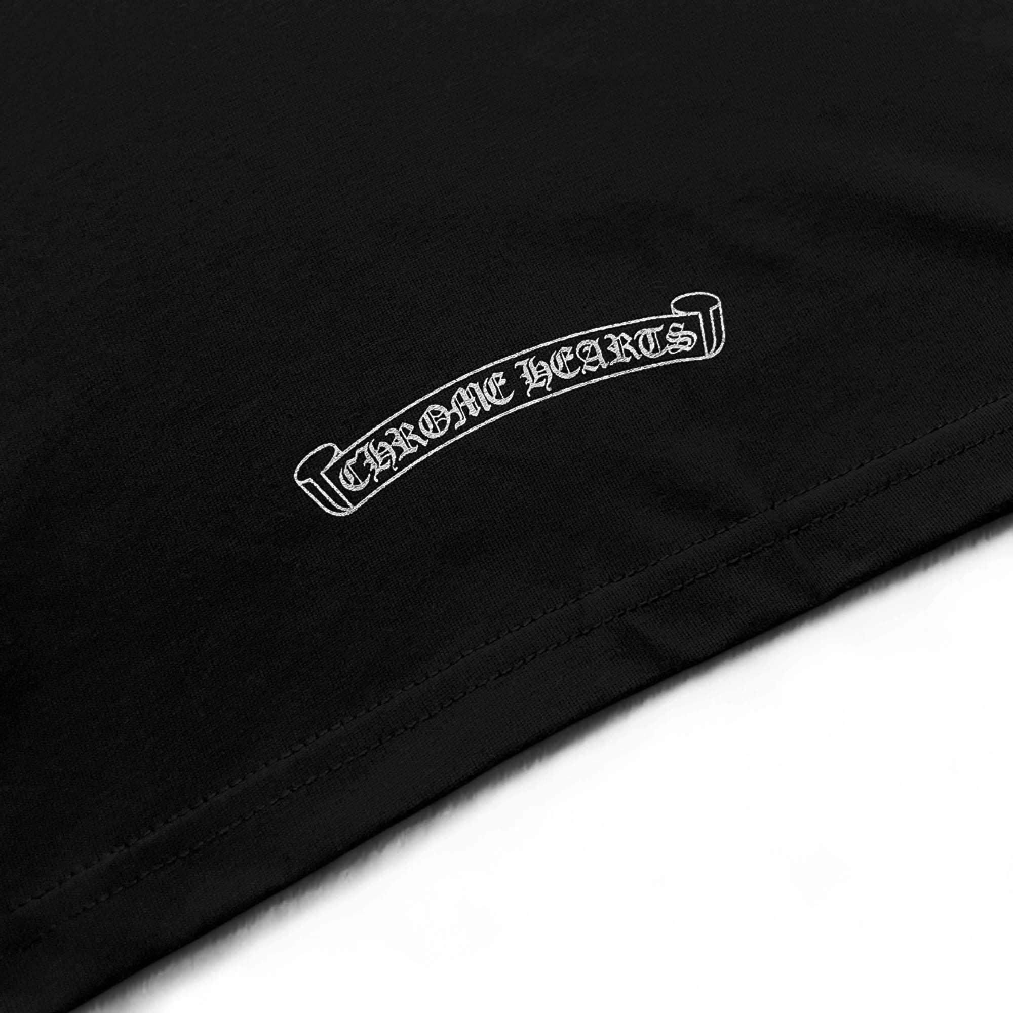 Chrome Hearts Horse Shoe logo T-shirt featuring a bold graphic on a black fabric background.