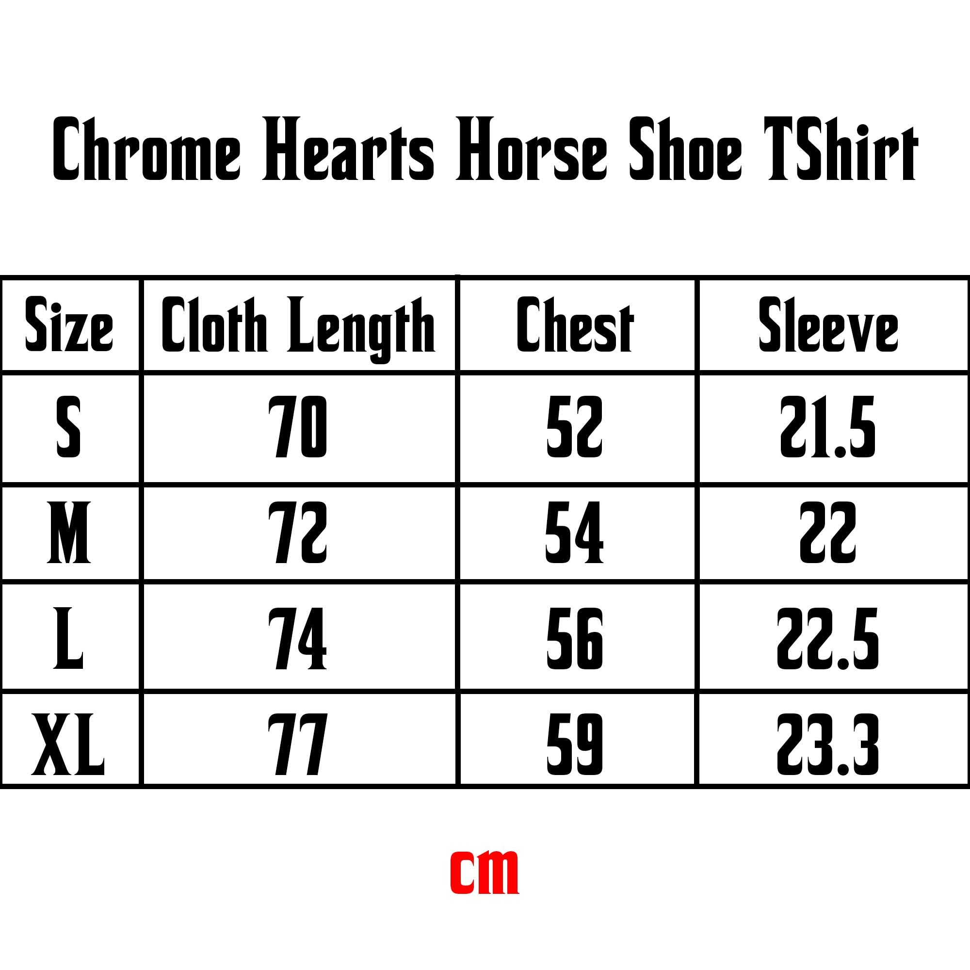 Chrome Hearts Horse Shoe Logo T-shirt displayed with size chart, featuring bold logo design on soft fabric.