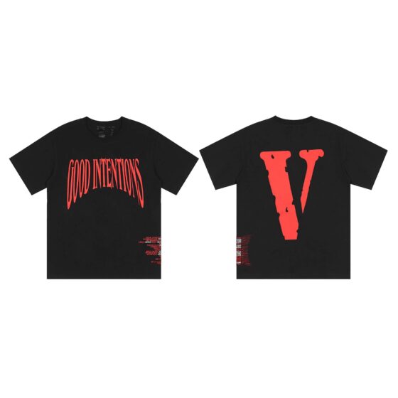 Black Nav x Vlone Good Intentions t-shirt featuring bold graphics and a relaxed fit. Perfect for casual wear.