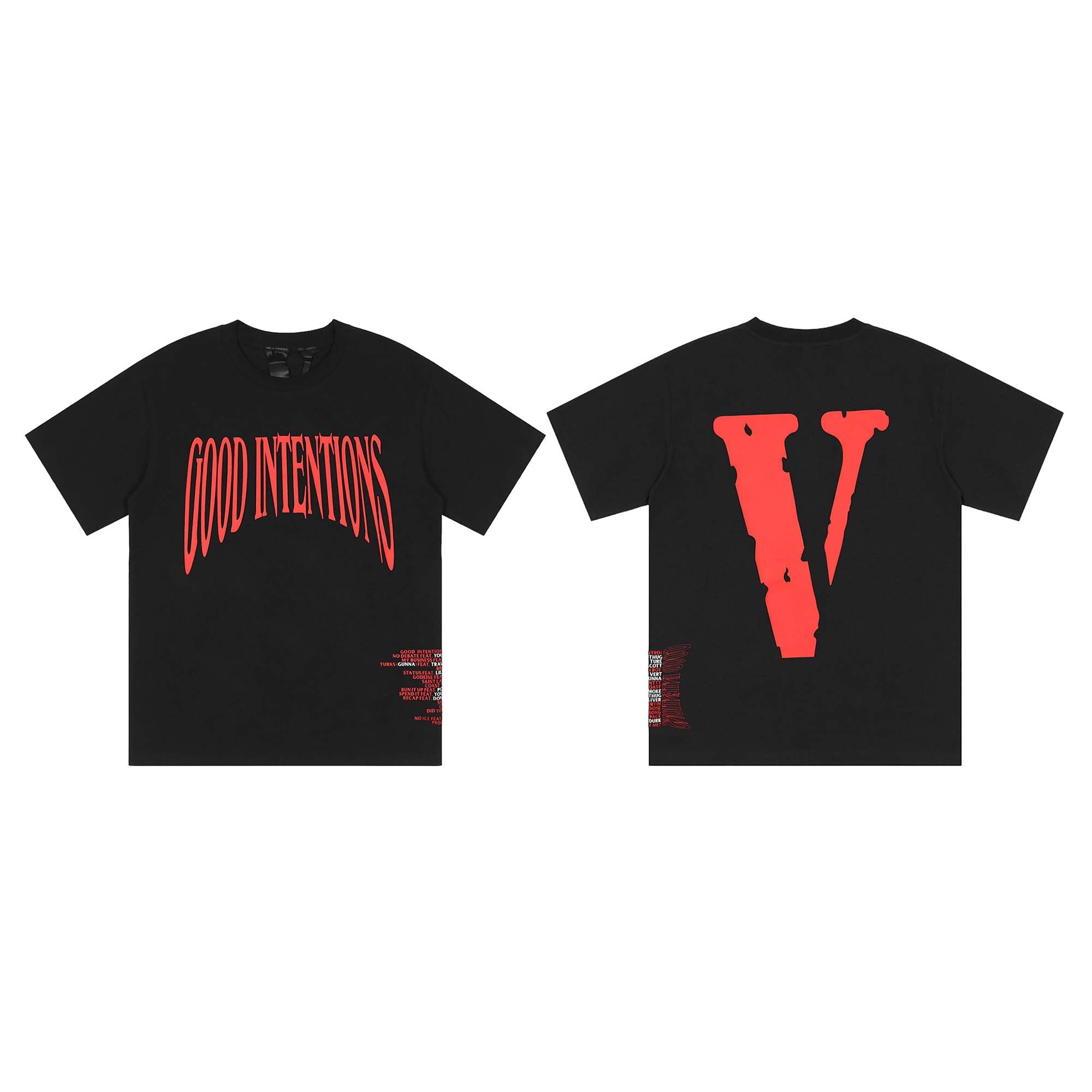 Black Nav x Vlone Good Intentions t-shirt featuring bold graphics and a relaxed fit. Perfect for casual wear.