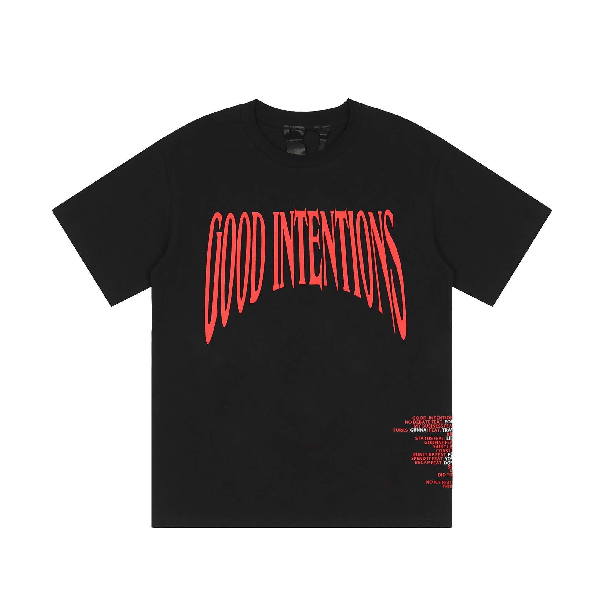 Black Nav x Vlone Good Intentions T-shirt featuring bold graphic design and relaxed fit. Perfect for casual wear.