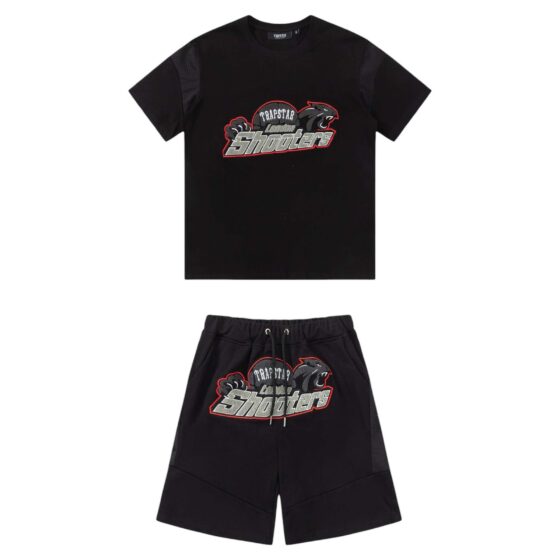 Black and red Trapstar shooters short set featuring a stylish t-shirt and matching shorts.