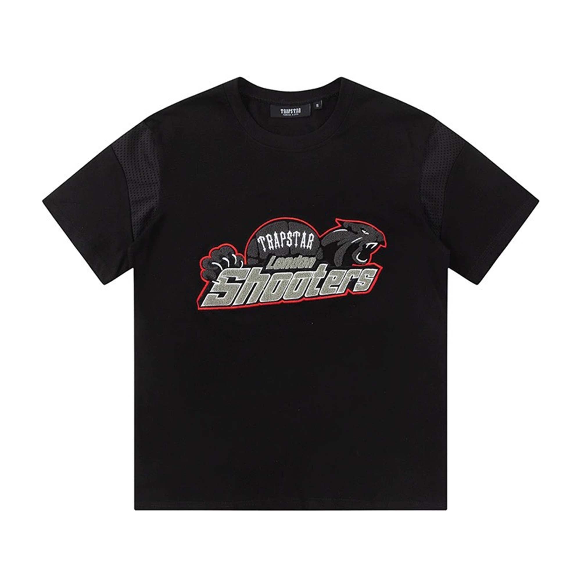 Trapstar black and red shooters short set featuring a stylish t-shirt and shorts for a comfortable, casual look.